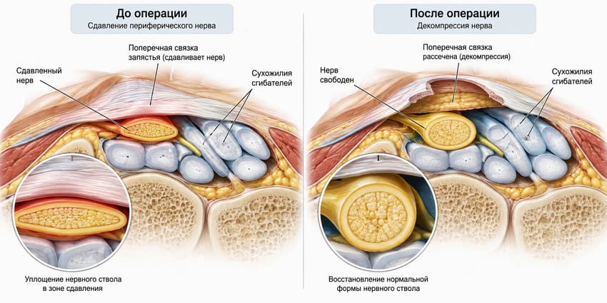 Декомпрессия периферического нерва до и после операции